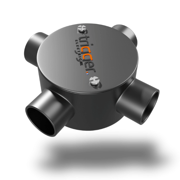 Conduit pipe fitting 4way circular box black of Trigger Electric Pvt Ltd India image new